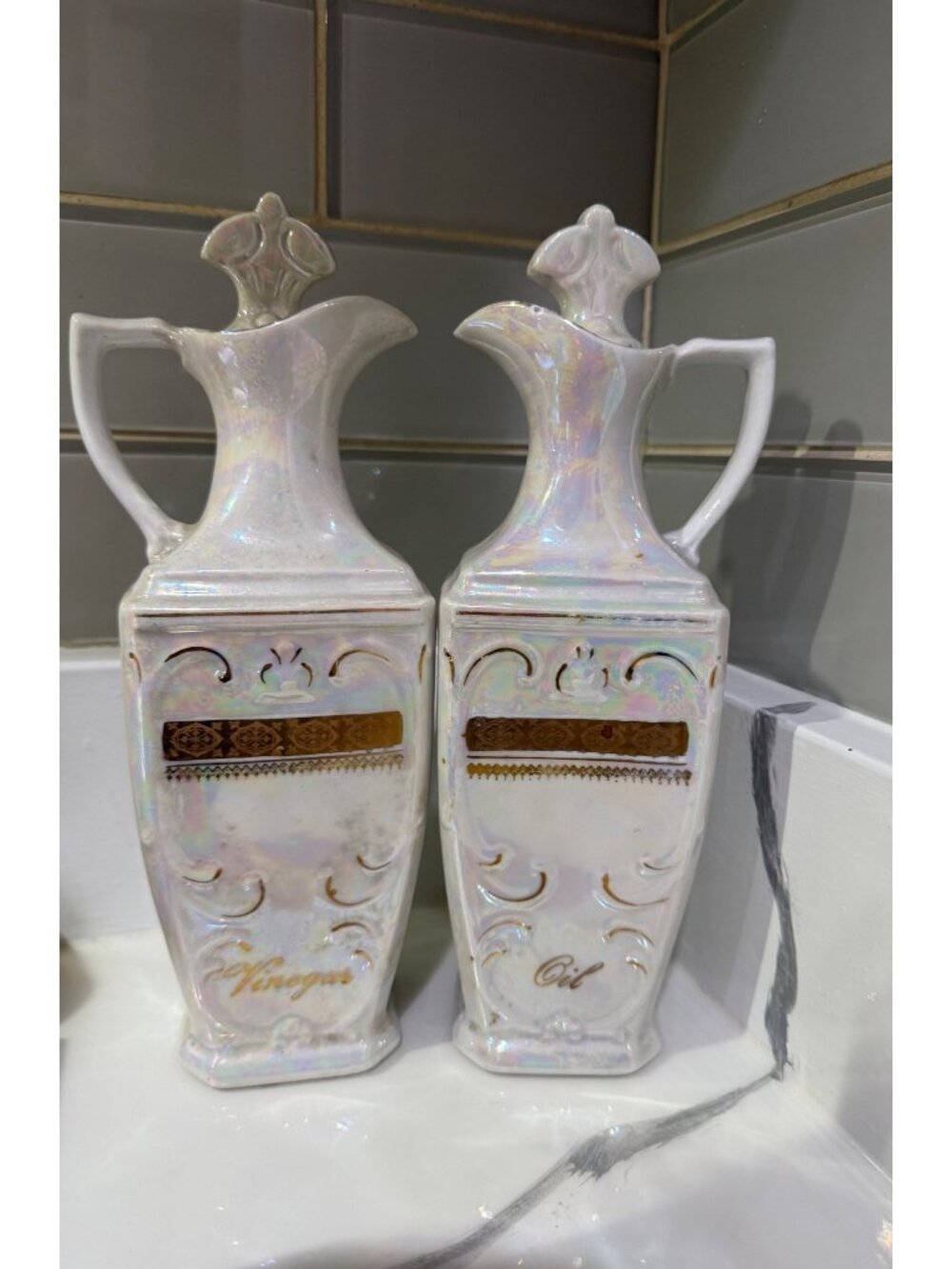 MEPOCO Lusterware Vintage Iridescent Ceramic Oil Vinegar Cruet Set With Stoppers